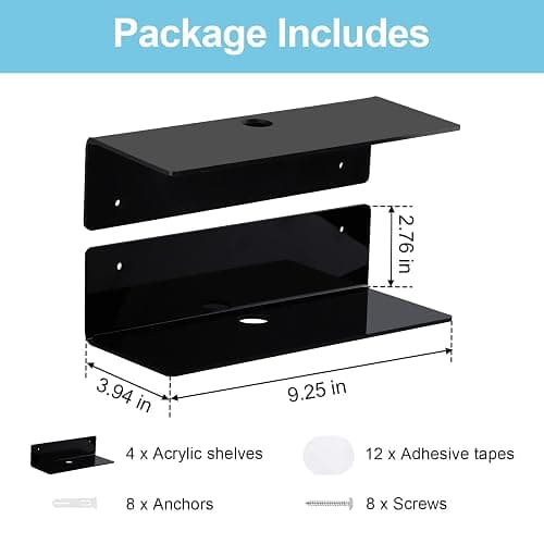 luium 9 Inch Acrylic Floating Shelf No Drill Adhesive Wall Shelf Set of 4 for Funko Pop Storage, Floating Shelves Damage-Free Expand Wall Space for Living Room, Bathroom, Gaming Room, Office - Black thumbnail 3