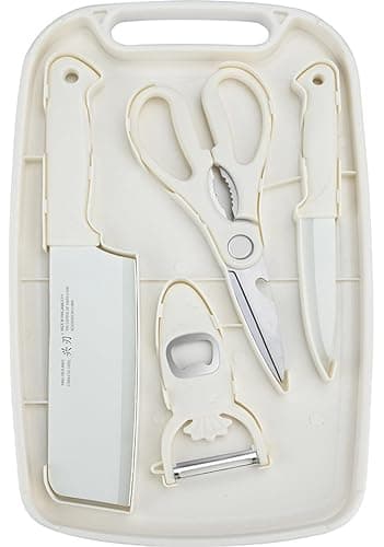 SUJAYU 5 in 1 Mini Knife and Cutting Board Set, Small Camping Cutting Board Cutting Board Scissors, Dorm Kitchen Essentials Travel Knife Set (Beige) - Image 1