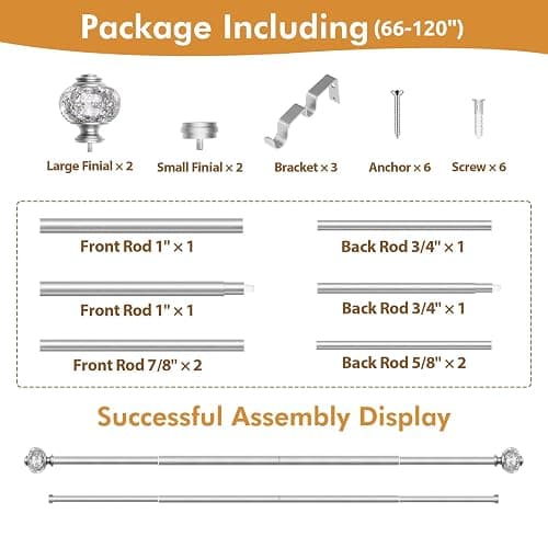 USFOOK Double Curtain Rods for Windows 66-120, 1 Inch Drapery Rod, Silver | Double Layer Window Treatment Rods, Decorative Crystal Ball Finials, Heavy Duty Adjustable Pole, Supports 33lbs, Wall Mounted thumbnail 8