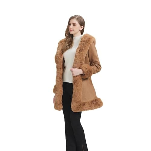 GRAN ORIENTE Suede Jacket for Women with Faux Fur Collar,Long Sleeve Warm Winter Parka Coat with Belt Outerwear thumbnail 3