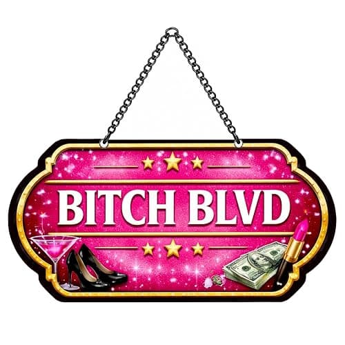 Bitch Blvd Sign, Funny Pink Metal Wall Decor 10x5 Inch | Aluminum Hanging Sign with Chain, UV Printed Glam Wall Decor for Bedroom, Beauty Room, Bar Cart and Girls Night Space - Image 1