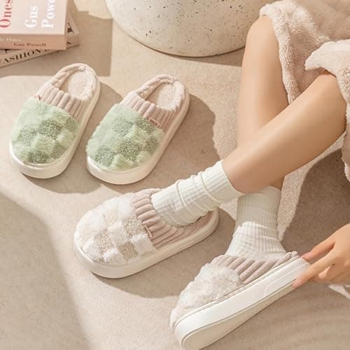 VTTDB Checkered Slipper House Slippers for Women Men Plush Warm Fuzzy Slippers Flyffy Bedroom Shoes Indoor Slip On thumbnail 5