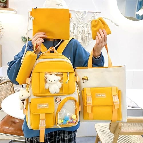 Lifelix Kawaii Backpack for Girls 5 Pcs School Bookbag Cuet Kids Schoolbag with Accessories Crossbody Bags Pencil Case Handbag Coin Purse (Yellow) thumbnail 2