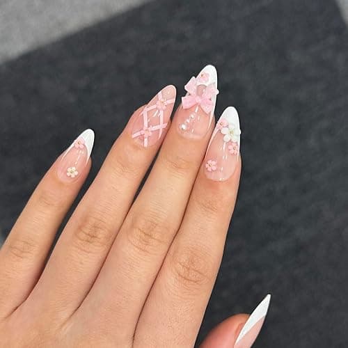 XZMeiLun Pink White French Bow Press on Nails, White Pearl Fake Nails, Almond Short Acrylic Press-Ons with Charming 3D Plaid Floral Design, Reusable Glue-On Stickers for Fall Flower Nails for Women thumbnail 2