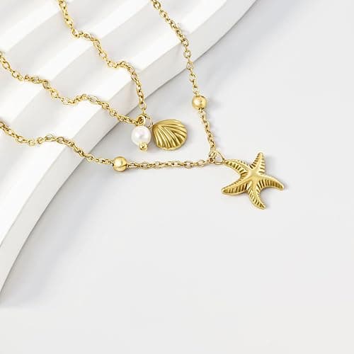 DAILI Shell Necklace for Women,14k Gold Plated Layered Starfish Conch SeaShell Pearl Pendant Charm Necklace,Non Tarnish Adjustable Stainless Steel Chain Stack Jewerly for Summer Beach Vacation thumbnail 5