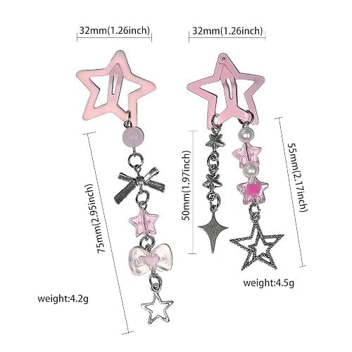 FFLaiwah Y2k Kawaii Star Hair Clips with Charms, Candy Colors, Bow Moon Heart Coquette Aesthetic Barrettes Beads Tassel Glitter Sparkly Star Hair Clips Accesssories for Women-Pink thumbnail 2