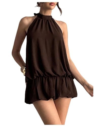 Floerns Women Backless Sleeveless Ruffle Bubble Hem Mesh Halter Mini Dress | Tie Open Back, Drop Ruched Waist, Ruffle Bubble Hem, Loose Fit, Chiffon Halter Dress thumbnail 3