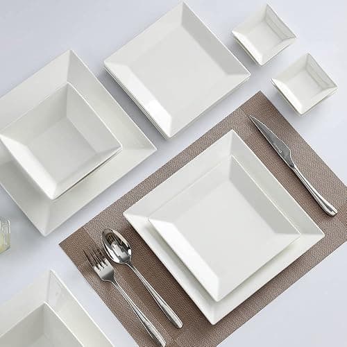 Porlien 16-Piece Classic Square Dinnerware Set for 4-Square Dinner Plates, Dessert Plates, Bowls & Dipping Saucers, Off White Dishes for 4 thumbnail 4