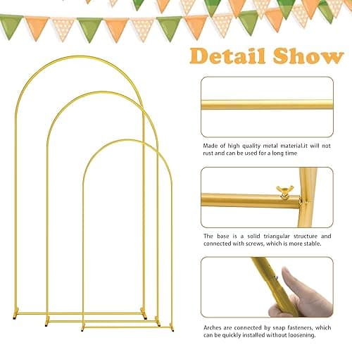 DDMY Arch Backdrop Stand, Gold Metal Balloon Arch Stand Set of 3 (7.2FT/6.6FT/6FT) for Wedding Ceremony Birthday Party Baby Shower Graduation Ceremony Photo Backdrop Other Occasions Decoration - Arch Stand (7.2FT/6.6FT/6FT) thumbnail 5