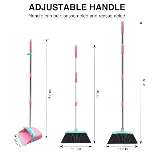Broom and Dustpan Set, 52-in Long Adjustable Handle Broom Dustpan Combo with Dust pan Teeth to Automatically Clean Hair Suitable for Home Kitchen Office Hall Floor（Pink&Blue） thumbnail 3