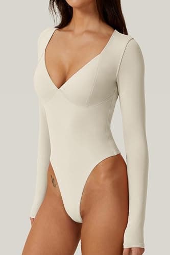 QINSEN Women's Long Sleeve Bodysuit V Neck Body Suits Seamed Cup Going Out Tops Shirt thumbnail 2