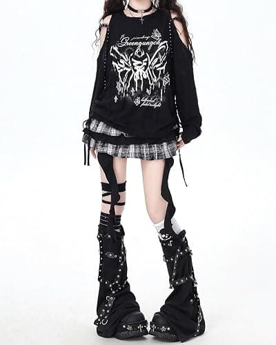 Women Goth T Shirt Harajuku Anime Graphic Y2K Tops Long Sleeve Off Shoulder Grunge Aesthetic Clothes thumbnail 3