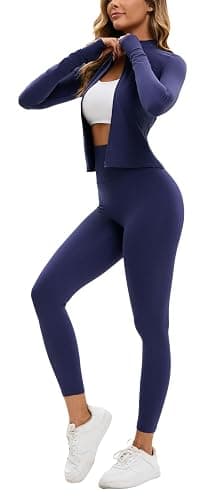 Belriviere Womens Two Piece Tracksuit Set Long Sleeve Zipper Jacket with Athletic High Waist Leggings Workout Set - S - Navy Blue - Image 1
