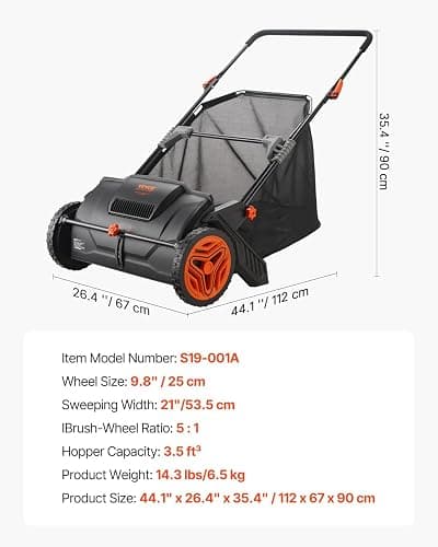 VEVOR Push Lawn Sweeper, 21inch Leaf & Grass Collector, Heavy Duty Thickened Steel Durable to Use with Large Capacity 3.5 cu. ft. Mesh Collection Hopper Bag, 2 Spinning Brushes thumbnail 3