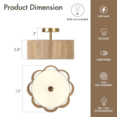 HILUXIA Boho Rattan Ceiling Light Fixture, 3-Light Semi Flush Mount Woven Ceiling Lamp with Gold Canopy, Dimmable Floral Wicker Ceiling Light for Bedroom Dining Room Kitchen Hallway Entryway Foyer thumbnail 2