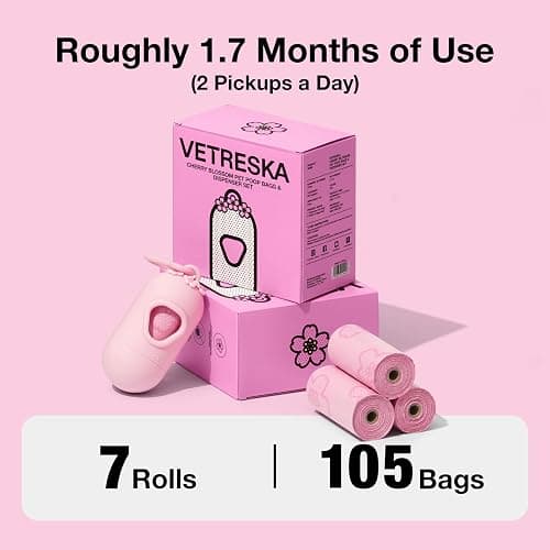 VETRESKA Dog Poop Bag Dispenser with 105 Cherry Blossom Scented Bags | Leak Proof and Extra Thick Pet Waste Bags, 1 Poop Bag Holder and 7 Rolls for Dog Walking and Cats Litter thumbnail 7