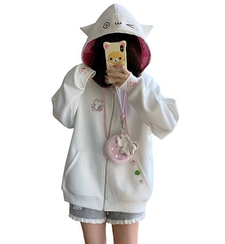 GOTHPICKUS Y2K Kawaii Embroidery Spot Hoodies Zip Up Drawstring Cute Cat Ear Ribbed Jacket Oversize Casual Streetwear - Image 1