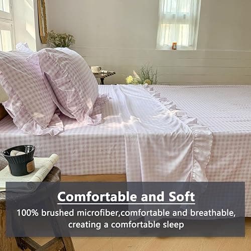 NSNLGSGC Pink Gingham Ruffle Queen Sheet Set, Pink Soft Pre-Washed Microfiber Plaid Queen Bed Sheets, 4-Pieces Farmhouse Sheet Set with Deep Pocket thumbnail 4