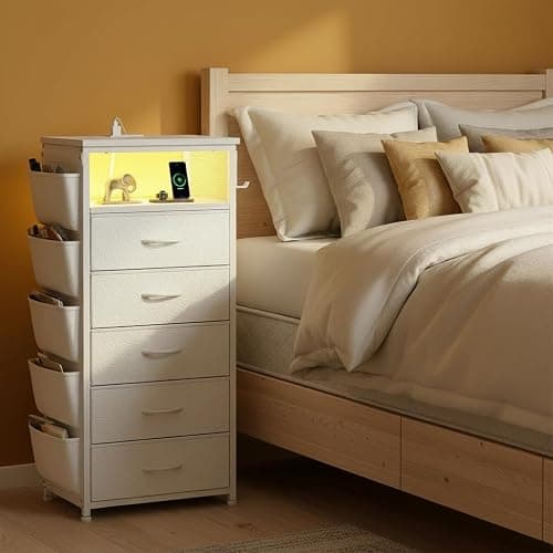 EnHomee Night Stand with 5 Drawers, Tall Nightstand with Charging Station and LED Light, Bedside Table with Extra Side Bag & Hooks, Bedroom, Closet, Hallway, Entryway, White thumbnail 2