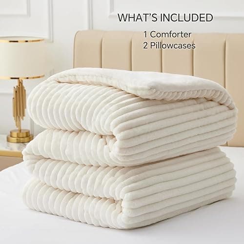 BEDELITE Fleece Oversized Queen Comforter Set, Fluffy Bed Set, Cream White | Super Soft & Warm Bedding, Luxury Fuzzy Faux Fur Comforter for Winter, Heavy Plush Bedding, with 2 Pillowcases thumbnail 6
