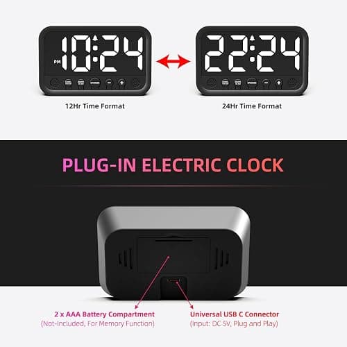 Small LED Digital Clock for Bedroom, Loud Alarm Clock for Heavy Sleepers Adults, Teens | Plug-In Electric Desk Clock | Simple Bedside Nightstand Clock with Adjustable Volume/Brightness/Snooze – White thumbnail 5