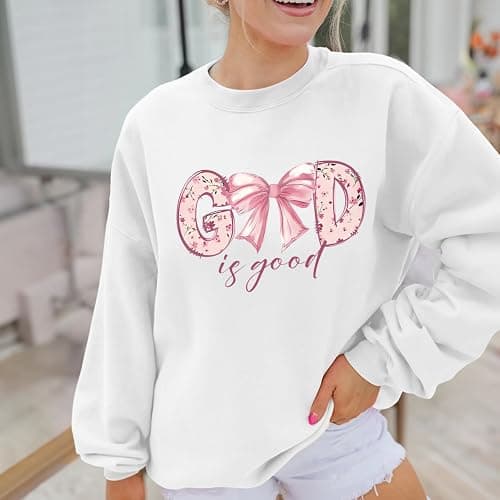 KEEVICI God Is Good Christian Sweatshirts for Women Bow Jesus Cute Bible Verse Sweatshirt Faith Religious Graphic Hoodies thumbnail 4