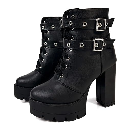 MEOTINA High Heel Boots for Women Black Heeled Chunky Heel Boot Platform Goth Shoes Lace Up Ankle Booties with Zipper - Image 1