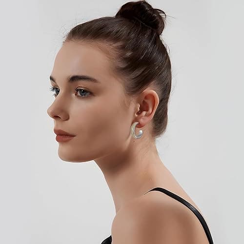VEDAIM Gold and Silver Mixed Metal Earring Two Tone Studs Earrings for Women Chunky C Hoop Earrings Fashion Jewelry thumbnail 2