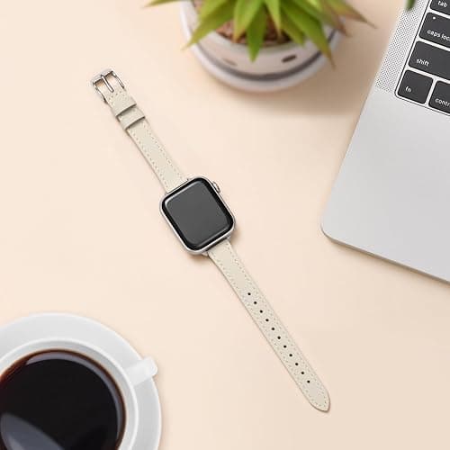 SUNFWR Leather Strap for Apple Watch 42mm 41mm 40mm 38mm 44mm 45mm 46mm | Slim&Thin Genuine Leather iWatch Replacement Elegant Band fits iWatch Series 11 10 9 8 7 6 5 4 3 2 1/SE thumbnail 5