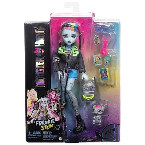 Monster High Frankie Stein Doll in Denim Jacket & Shorts, Includes Pet Dog Watzie & Accessories like a Backpack, Snack & Notebook thumbnail 6