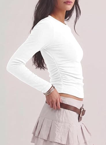 Darong Womens Long Sleeve Basic Shirt Crew Neck Ruched Fitted Fall Tops | Crew Neck Slim Basic Tee,Soft Ribbed Layer Clothing,Fall Outfits,Casual Going Out & Work T-Shirts,Travel & Everyday Wear thumbnail 3