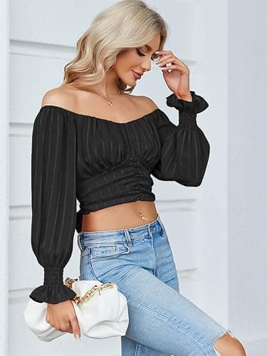 MIRACMODA Woman Off Shoulder Ruched Tie Back Lantern Sleeve Crop Tube Top Chiffon Blouse - Small - T-black thumbnail 3