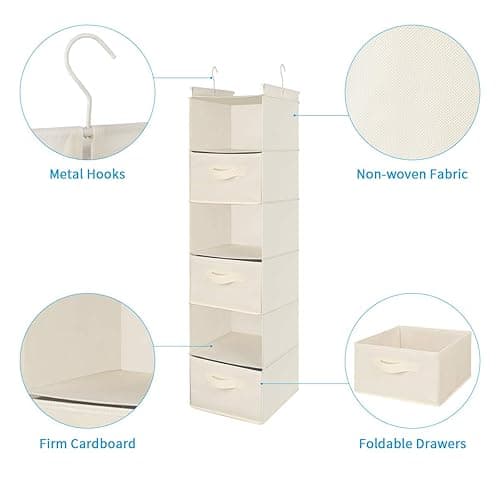 MAX Houser 6 Tier Shelf Hanging Closet Organizer, Cloth Hanging Shelf with 2 Sturdy Hooks for Storage, Foldable (Beige) - Beige thumbnail 5