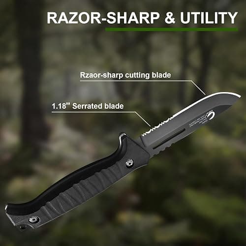 CuCut Full Tang Fixed Blade Knife with Sheath - 4-inch Carbon Steel Blade, Black Non-Stick Finish with Serrated Edge, PP Handle Camping Knife for Outdoor, Survival, Hiking thumbnail 5