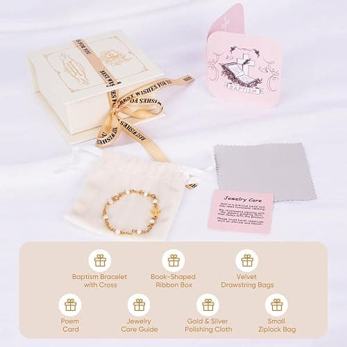 Cafzed Baby Baptism Bracelet with Cross - Baptism Gifts for Girl, Baby Gift for Infant Boys, Toddler Gift Set with Pearl and Poem Card, Christening and Baby Dedication Gifts for Girls with Gift Box thumbnail 7
