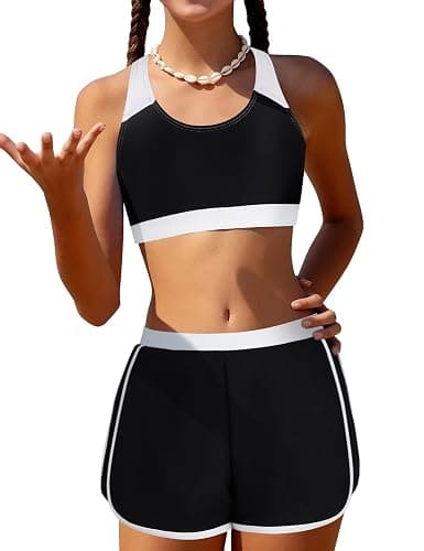 Gaupafmb Girls Bikini 3PCS Swim Sets Color Block Crop Top Briefs with Shorts for 7-16 Years - Image 1