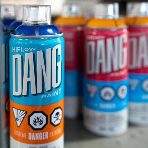 DANG HiFlow High Pressure Graffiti Spray Paint Set of 12 Popular Colors, 400ml Cans, Fast-Drying Gloss Finish, Weather Resistant Graffiti Paint, Ideal for Murals, Metal, Canvas, Orange Dot Fat Caps thumbnail 4