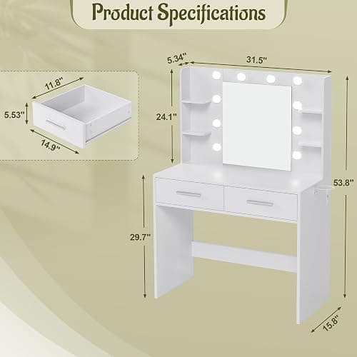 YESHOMY Vanity Desk with Mirror, Makeup Table with 2 Large Drawers, Power Outlet and Round Holder, 3 Color Modes Adjustable Bulb, White thumbnail 3