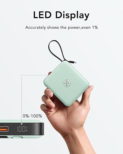 VRURC Portable Charger USB C, Power Bank with Built-in Cable, 10000mAh 20W Battery Pack for iPhone 16 15 14 Samsung Galaxy S23 S22 Google, Note 20, Pixel, Moto, LG Android Phone, Green(1 Pack) thumbnail 3