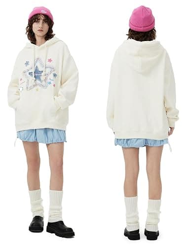 Aelfric Eden Womens Oversized Hoodies Star Graphic Fleece Hooded Streetwear Unisex Sweatshirts Pullover with Pocket - Small - Apricot thumbnail 4