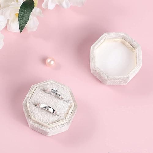 Velvet Ring Box, Etercycle Octagon Gorgeous Vintage Double Jewelry Ring Gift Box with Detachable Lid for Proposal Engagement Wedding Ceremony (Beige) thumbnail 5