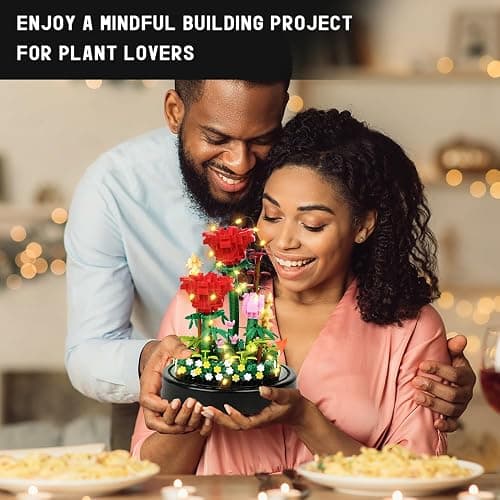 HOGOKIDS Flower Bouquet Building Kit with LED Lighting - 596 PCS Rose Sets with Cover Botanical Building Blocks | Birthday Mini Bricks Valentines Day Gift for Adult Girlfriend Wife (Red Roses) thumbnail 7