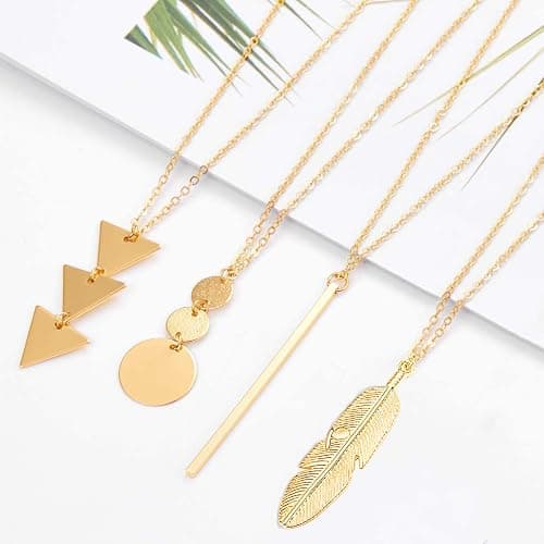 YQZIYOU Long Necklaces for Women - Fashion Pendant Necklace Jewelry, Silver Bar Feather Circle Leaf Lock Tassel Y Necklace Jewelry Set for Girls thumbnail 3