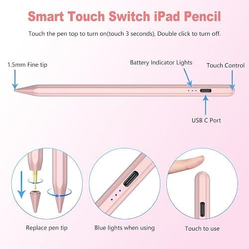 Stylus Pen for iPad 2018-2025, 15 Mins Fast Charge for Apple Pencil with Palm Rejection, Compatible with iPad 11/10/9/8/7/6, Pro M4/12.9"(6/5/4/3)/11", Air M3/M2/5/4/3, Mini A17 Pro/6/5,Rose thumbnail 9