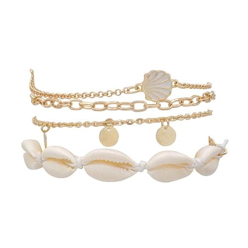 Rrdaily 4 Pcs Natural White Shell Anklet Set for Women,Handmade Adjustable Conch Anklet Set Beach Jewelry Gift - Image 1