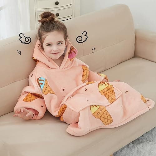 KFUBUO Wearable Blanket Hoodie for Kids Sherpa Patterns Oversized Sweatshirt Blanket With Pocket 6-10 Year Old Girl Birthday Gifts Ice Cream thumbnail 7