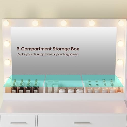BTHFST Makeup Vanity Desk with Large 31.5" Mirror and Lights, 46.1" Vanity with RGB Lights & Charging Station, Vanity Table with 6 Drawers & Cabinet & Shelves, White thumbnail 8