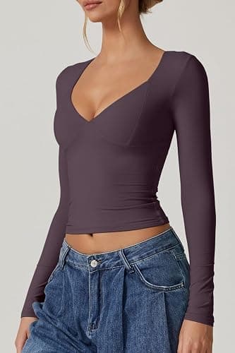 QINSEN Women's Long Sleeve V Neck T Shirts Double Lined Crop Top Seamed Cup Going Out Tops thumbnail 3