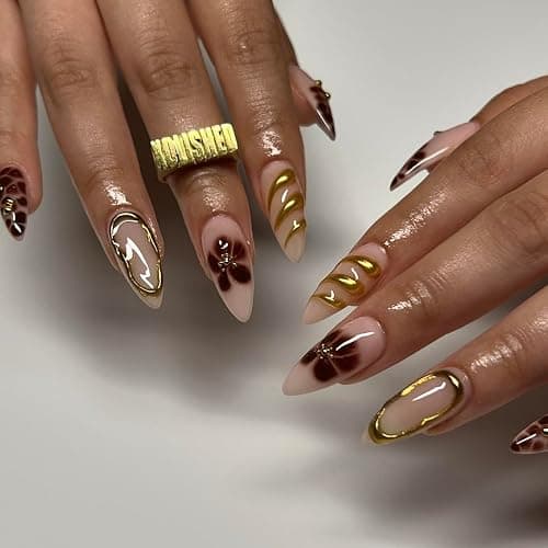 MERVF Almond Press on Nails Medium Fake Nails Brown French Tip Glue ons Fall Flower Acrylic Nail Gold Stiletto False with 3D Design Glossy 24pcs - Image 1