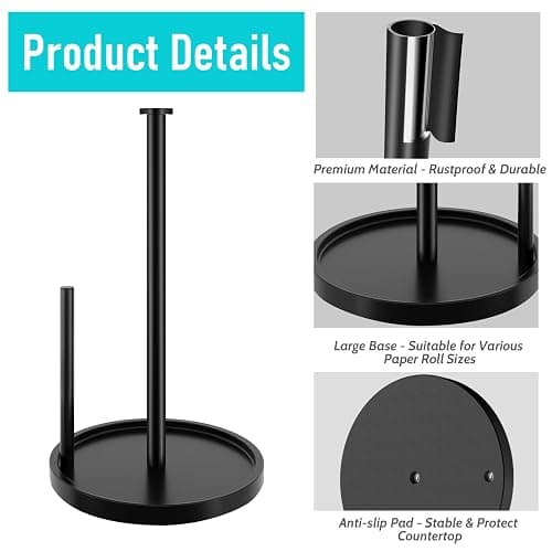Paper Towel Holder Countertop, Standing Paper Roll Holder with Anti Slip Weighted Base, Stainless Steel Freestanding Paper Towel Holder for Kitchen, Black thumbnail 7